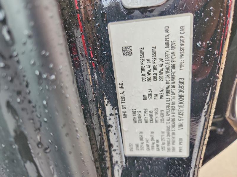 61398246 :رقم المزاد ، 5YJ3E1EAXNF369303 vin ، 2022 Tesla Model 3 مزاد بيع