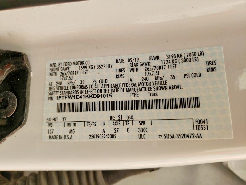 2019 Ford F150 მანქანა იყიდება აუქციონზე, vin: 1FTFW1E41KKD91015, აუქციონის ნომერი: 61395906