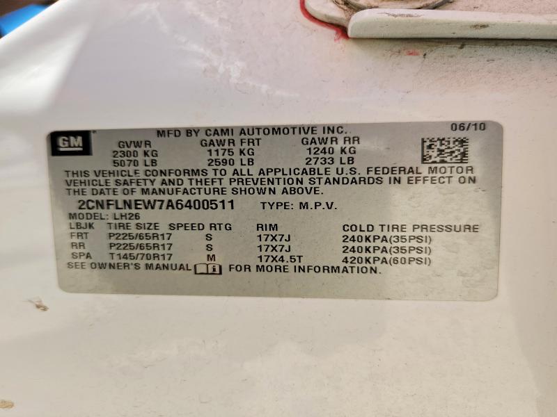2010 Chevrolet Equinox მანქანა იყიდება აუქციონზე, vin: 2CNFLNEW7A6400511, აუქციონის ნომერი: 60663786