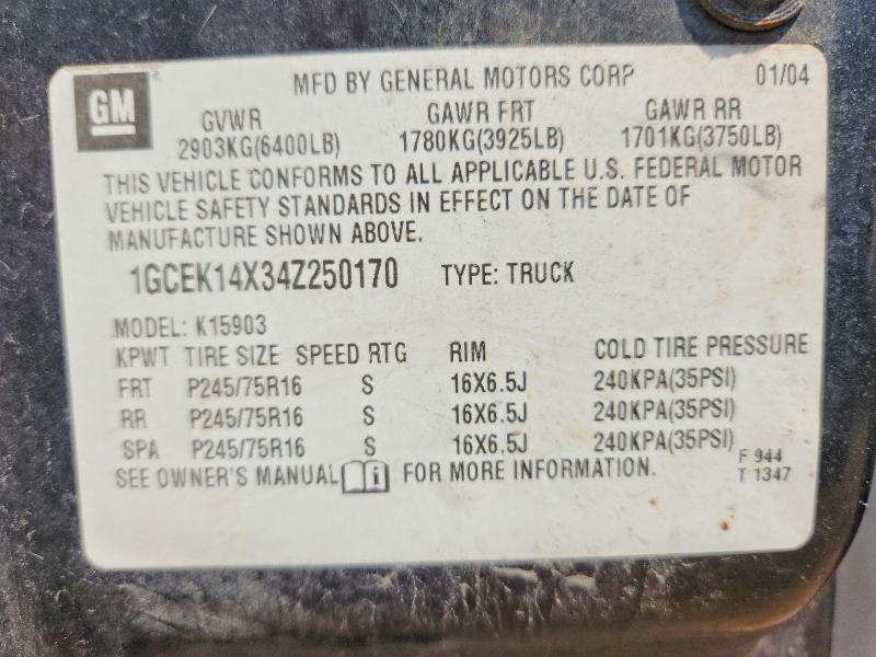 Aukcja sprzedaży 2004 Chevrolet Silverado, vin: 1GCEK14X34Z250170, numer aukcji: 62748056