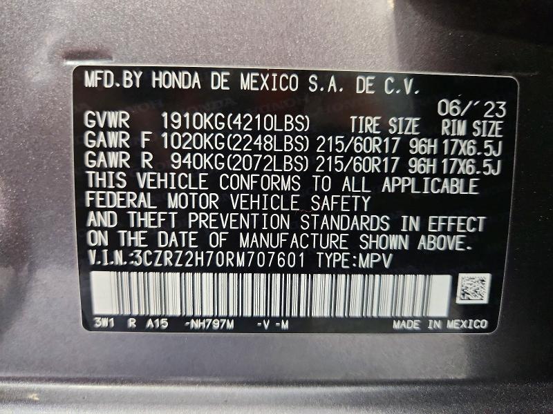 61040206 :رقم المزاد ، 3CZRZ2H70RM707601 vin ، 2024 Honda Hr-v مزاد بيع