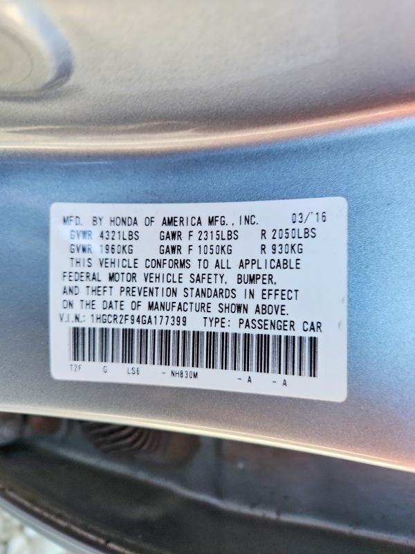 Продажа на аукционе авто 2016 Honda Accord, vin: 1HGCR2F94GA177399, номер лота: 61405106