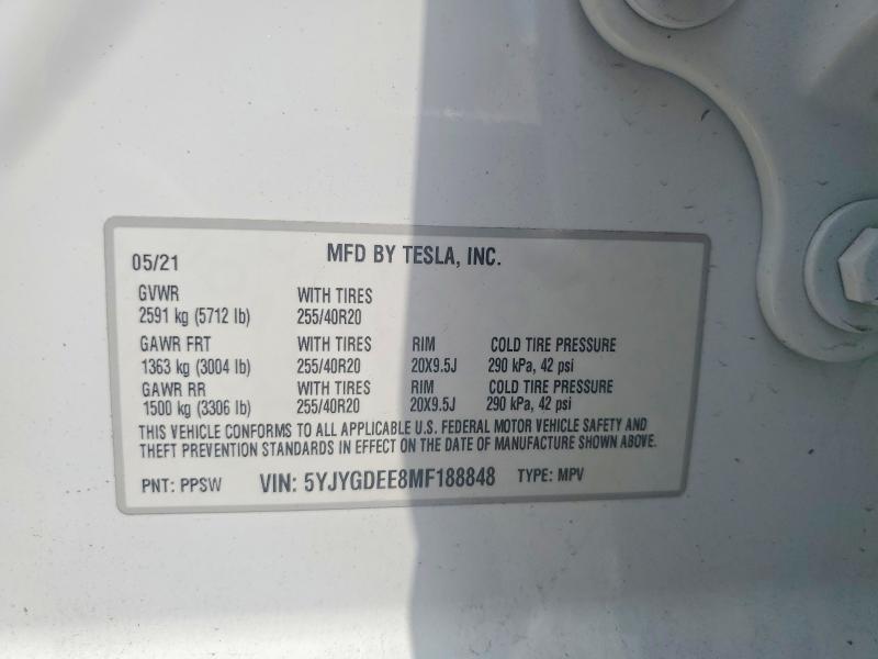 59215056 :رقم المزاد ، 5YJYGDEE8MF188848 vin ، 2021 Tesla Model Y مزاد بيع