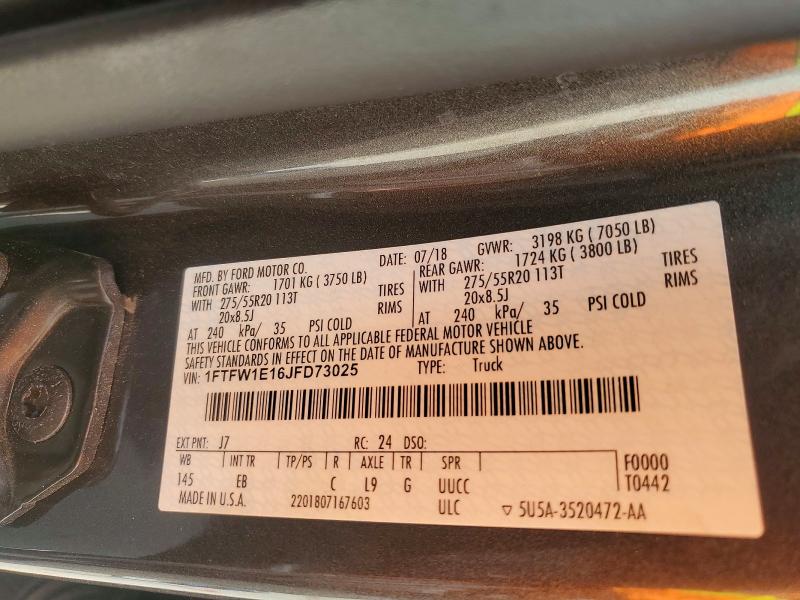 Aukcja sprzedaży 2018 Ford F150, vin: 1FTFW1E16JFD73025, numer aukcji: 60587546