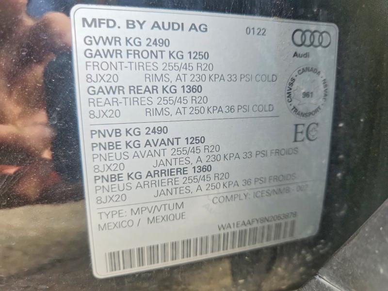 2022 Audi Q5 მანქანა იყიდება აუქციონზე, vin: WA1EAAFY8N2053878, აუქციონის ნომერი: 60063306