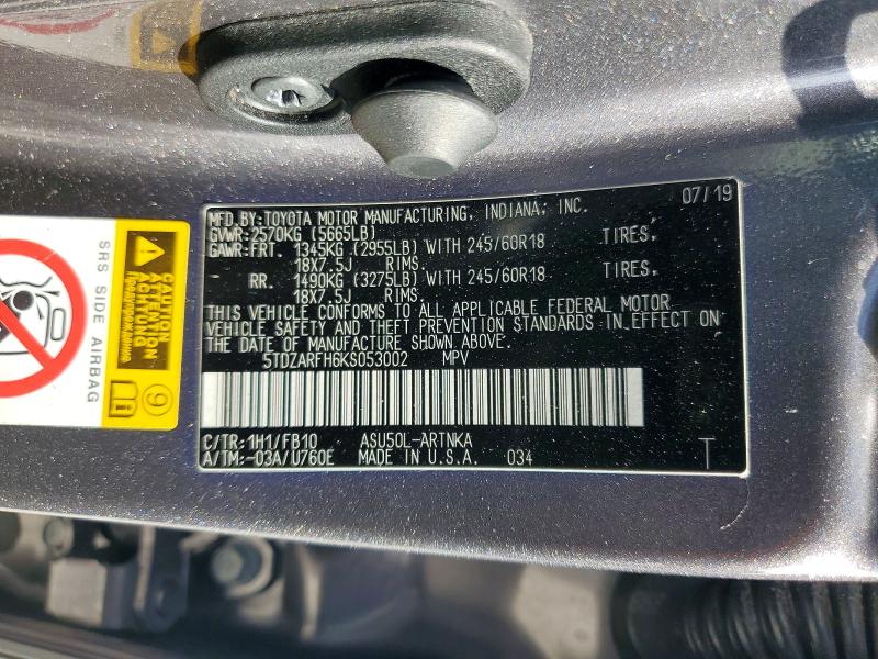 Aukcja sprzedaży 2019 Toyota Highlander, vin: 5TDZARFH6KS053002, numer aukcji: 60561816