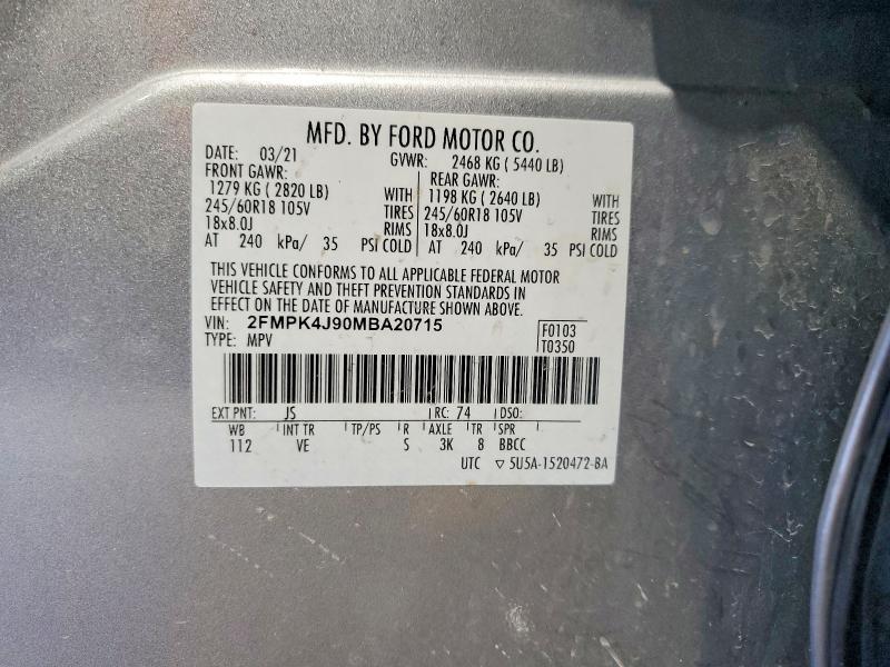 Aukcja sprzedaży 2021 Ford Edge Sel, vin: 2FMPK4J90MBA20715, numer aukcji: 59656856