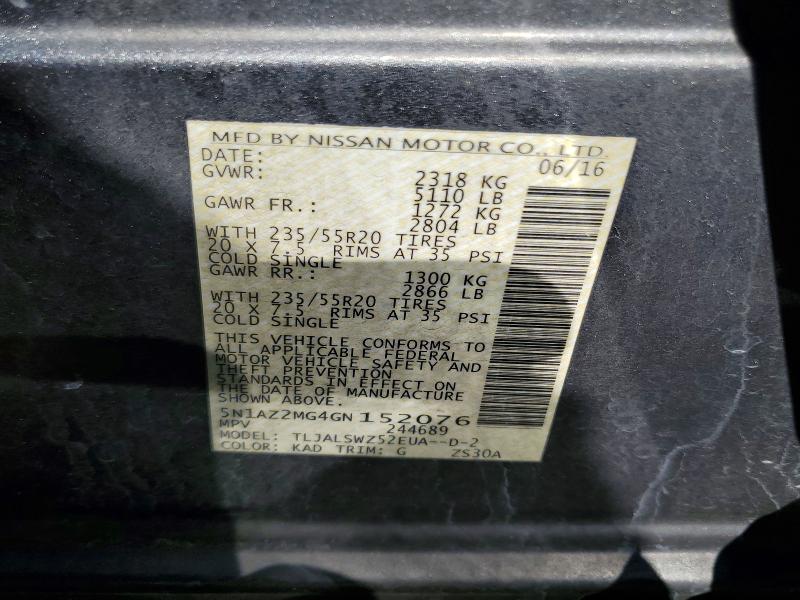 2016 Nissan Murano მანქანა იყიდება აუქციონზე, vin: 5N1AZ2MG4GN152076, აუქციონის ნომერი: 60128846