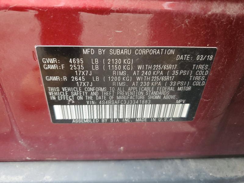 Продажа на аукционе авто 2018 Subaru Outback, vin: 4S4BSAFC3J3341883, номер лота: 59916236