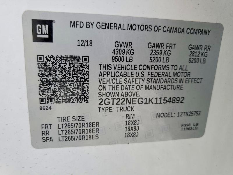 Продаж на аукціоні авто 2019 Gmc Sierra, vin: 2GT22NEG1K1154892, номер лоту: 62616096