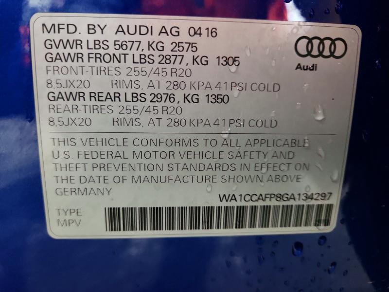 2016 Audi Sq5 მანქანა იყიდება აუქციონზე, vin: WA1CCAFP8GA134297, აუქციონის ნომერი: 62912086