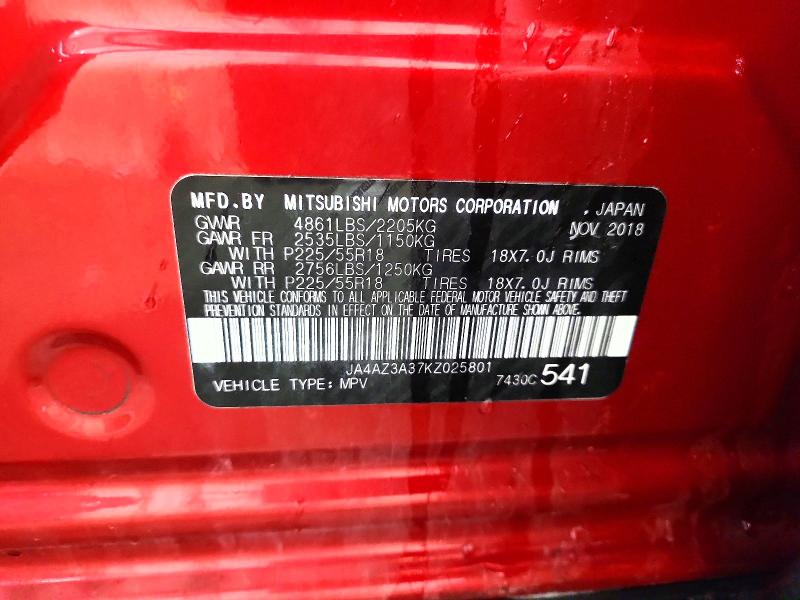 2019 Mitsubishi Outlander მანქანა იყიდება აუქციონზე, vin: JA4AZ3A37KZ025801, აუქციონის ნომერი: 60175166