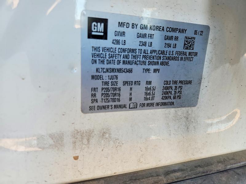 2022 Chevrolet Trax მანქანა იყიდება აუქციონზე, vin: KL7CJKSMXNB543466, აუქციონის ნომერი: 60064846
