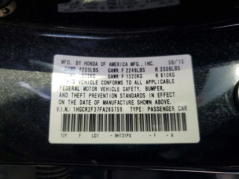 2015 Honda Accord მანქანა იყიდება აუქციონზე, vin: 1HGCR2F37FA265759, აუქციონის ნომერი: 73342305