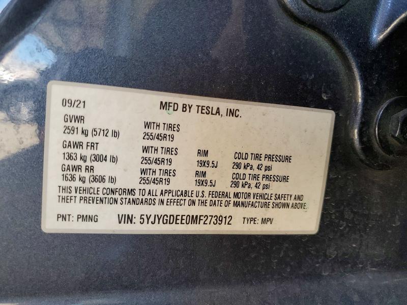 2021 Tesla Model Y მანქანა იყიდება აუქციონზე, vin: 5YJYGDEE0MF273912, აუქციონის ნომერი: 61197546