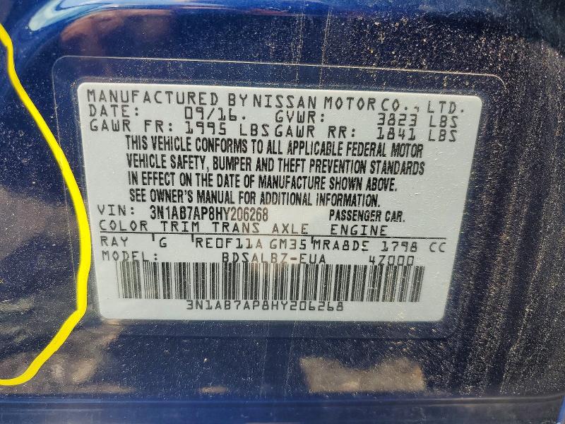 Продажа на аукционе авто 2017 Nissan Sentra, vin: 3N1AB7AP8HY206268, номер лота: 61877856