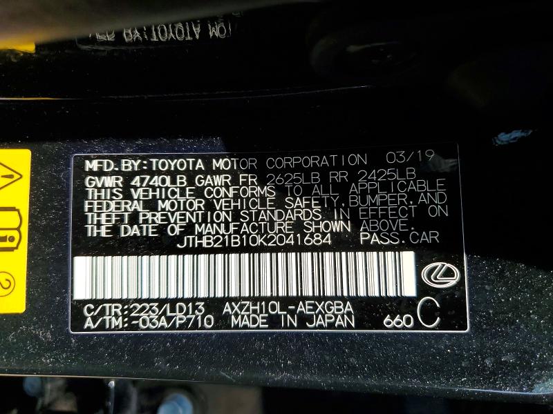 Aukcja sprzedaży 2019 Lexus Es, vin: JTHB21B10K2041684, numer aukcji: 59985396