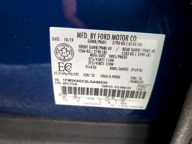 60623536 :رقم المزاد ، 1FM5K8GC2LGA98535 vin ، 2020 Ford Explorer مزاد بيع