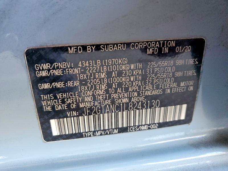 2020 Subaru Crosstrek მანქანა იყიდება აუქციონზე, vin: JF2GTANC1L8243130, აუქციონის ნომერი: 61814636