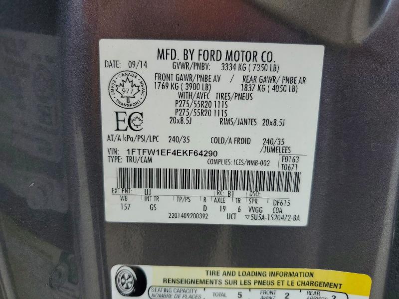 60395096 :رقم المزاد ، 1FTFW1EF4EKF64290 vin ، 2014 Ford F150 مزاد بيع
