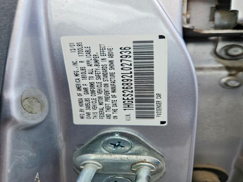 61316846 :رقم المزاد ، 1HGES26892L027936 vin ، 2002 Honda Civic مزاد بيع