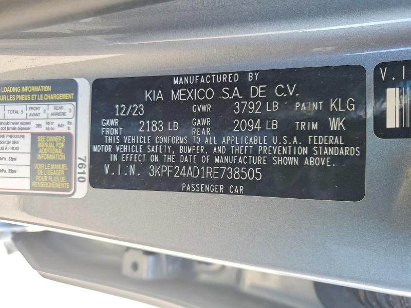 63143116 :رقم المزاد ، 3KPF24AD1RE738505 vin ، 2024 Kia Forte مزاد بيع