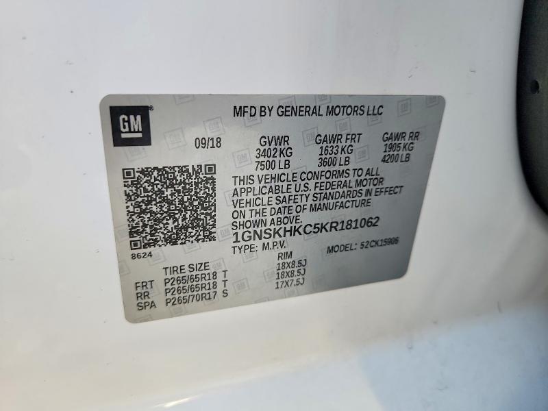2019 Chevrolet Suburban მანქანა იყიდება აუქციონზე, vin: 1GNSKHKC5KR181062, აუქციონის ნომერი: 62253326