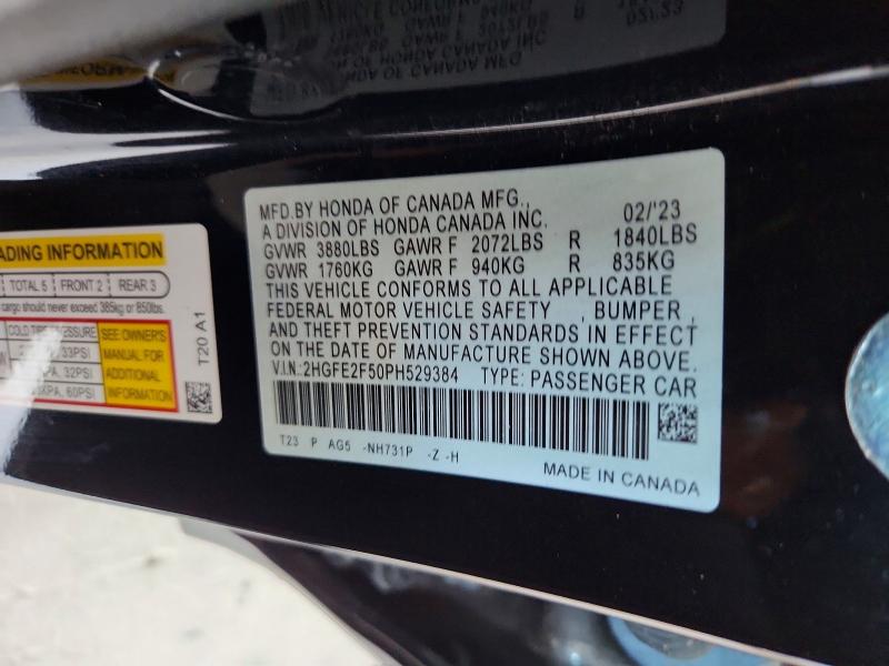 2023 Honda Civic მანქანა იყიდება აუქციონზე, vin: 2HGFE2F50PH529384, აუქციონის ნომერი: 60508086