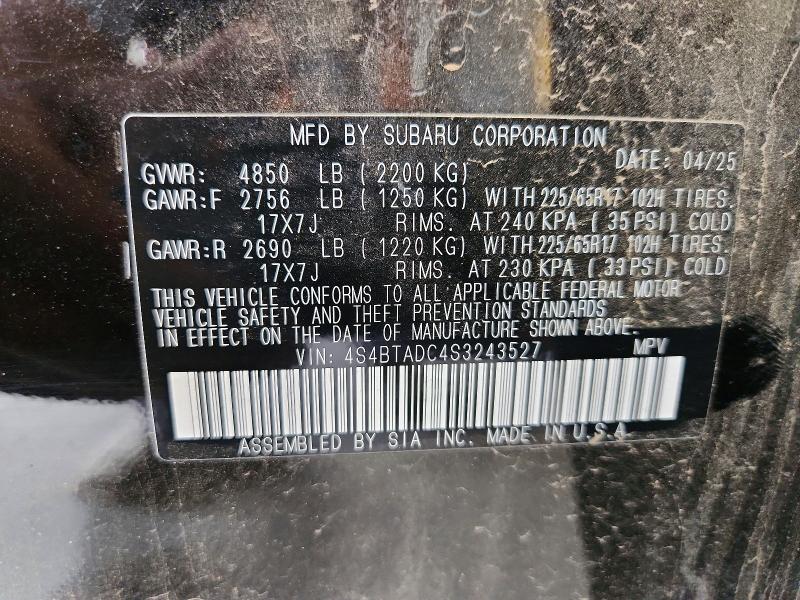 2025 Subaru Outback მანქანა იყიდება აუქციონზე, vin: 4S4BTADC4S3243527, აუქციონის ნომერი: 59544206