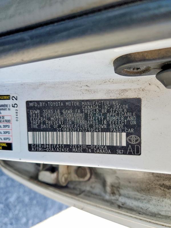 62131486 :رقم المزاد ، 2T1BR32EX7C719541 vin ، 2007 Toyota Corolla مزاد بيع