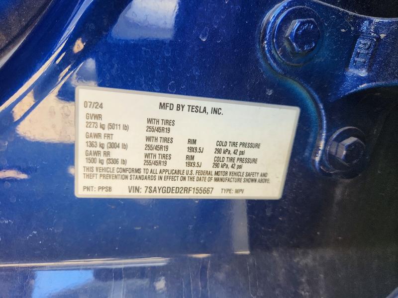 2024 Tesla Model Y მანქანა იყიდება აუქციონზე, vin: 7SAYGDED2RF155667, აუქციონის ნომერი: 59838156