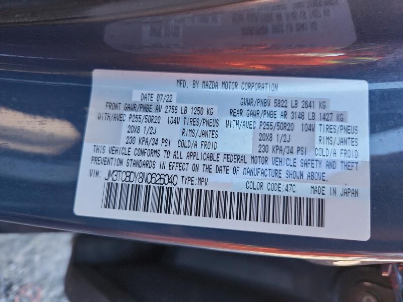 62783596 :رقم المزاد ، JM3TCBDY8N0626040 vin ، 2022 Mazda Cx-9 مزاد بيع