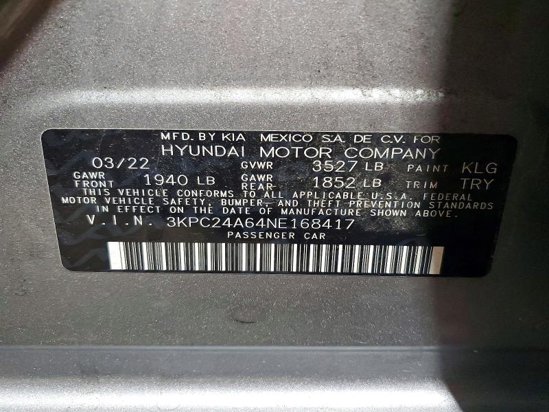 60501356 :رقم المزاد ، 3KPC24A64NE168417 vin ، 2022 Hyundai Accent مزاد بيع