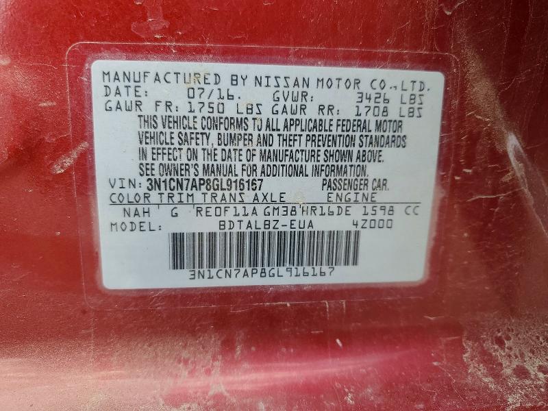 60025346 :رقم المزاد ، 3N1CN7AP8GL916167 vin ، 2016 Nissan Versa مزاد بيع