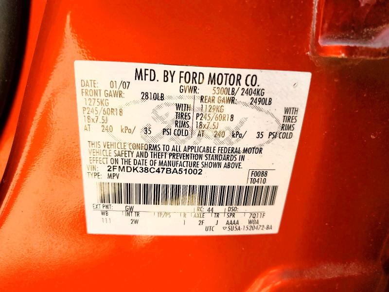 Aukcja sprzedaży 2007 Ford Edge, vin: 2FMDK38C47BA51002, numer aukcji: 61010416