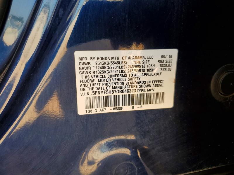 2016 Honda Pilot მანქანა იყიდება აუქციონზე, vin: 5FNYF5H57GB046323, აუქციონის ნომერი: 62235746