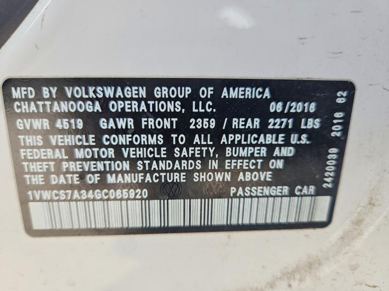 61362246 :رقم المزاد ، 1VWCS7A34GC065920 vin ، 2016 Volkswagen Passat مزاد بيع