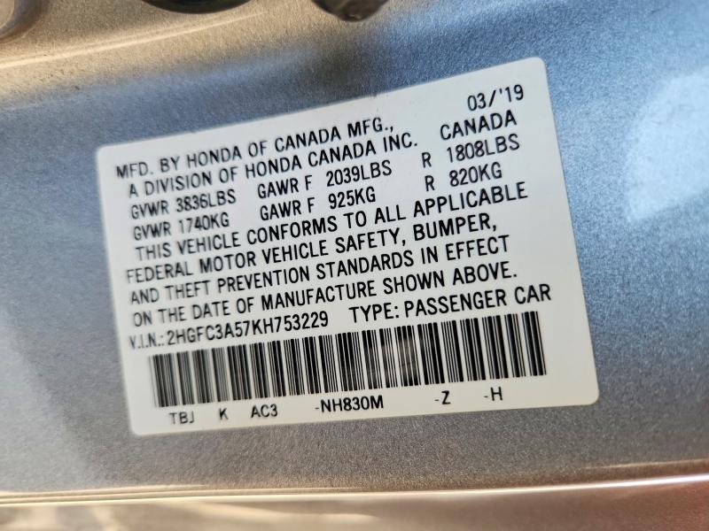 Продажа на аукционе авто 2019 Honda Civic, vin: 2HGFC3A57KH753229, номер лота: 60279076