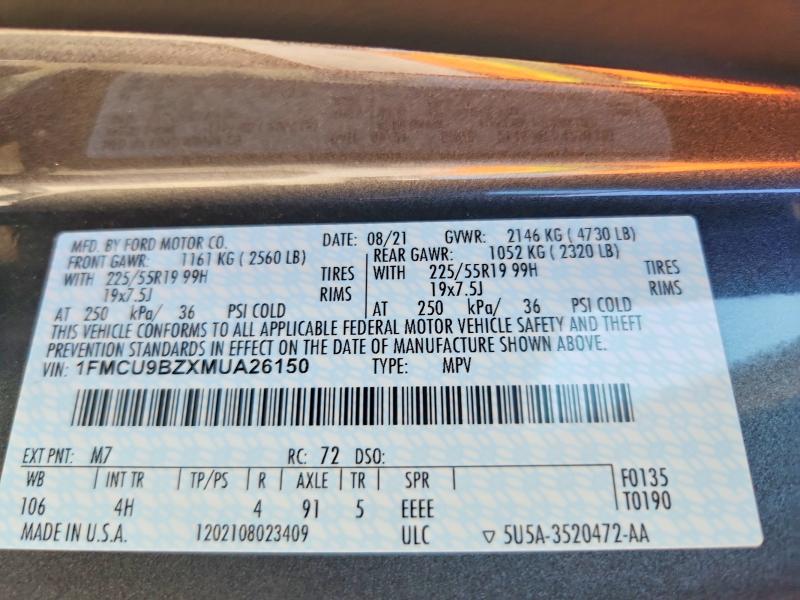 60086576 :رقم المزاد ، 1FMCU9BZXMUA26150 vin ، 2021 Ford Escape مزاد بيع