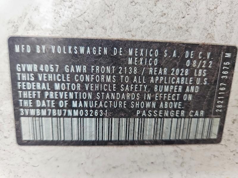 Auction sale of the 2022 Volkswagen Jetta, vin: 3VWBM7BU7NM032631, lot number: 62769086