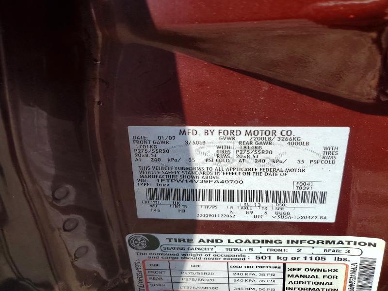 62271446 :رقم المزاد ، 1FTPW14V39FA49700 vin ، 2009 Ford F150 مزاد بيع
