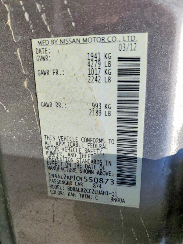 Продаж на аукціоні авто 2012 Nissan Altima, vin: 1N4AL2AP1CN550873, номер лоту: 60594406