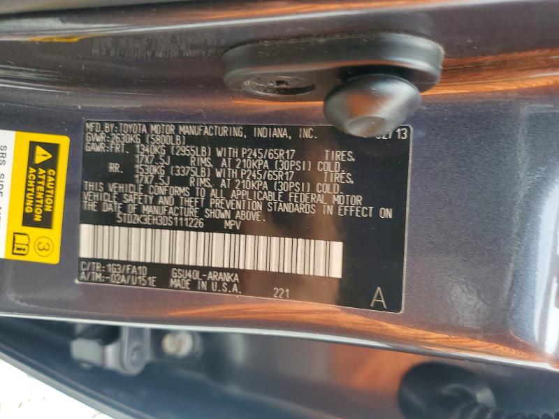 2013 Toyota Highlander მანქანა იყიდება აუქციონზე, vin: 5TDZK3EH3DS111226, აუქციონის ნომერი: 62632646