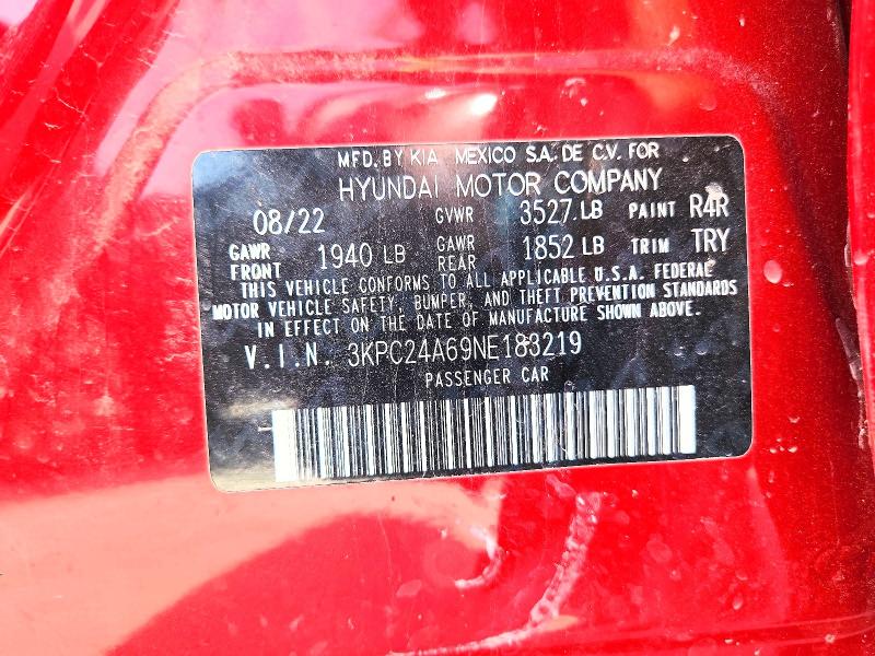 61436096 :رقم المزاد ، 3KPC24A69NE183219 vin ، 2022 Hyundai Accent مزاد بيع