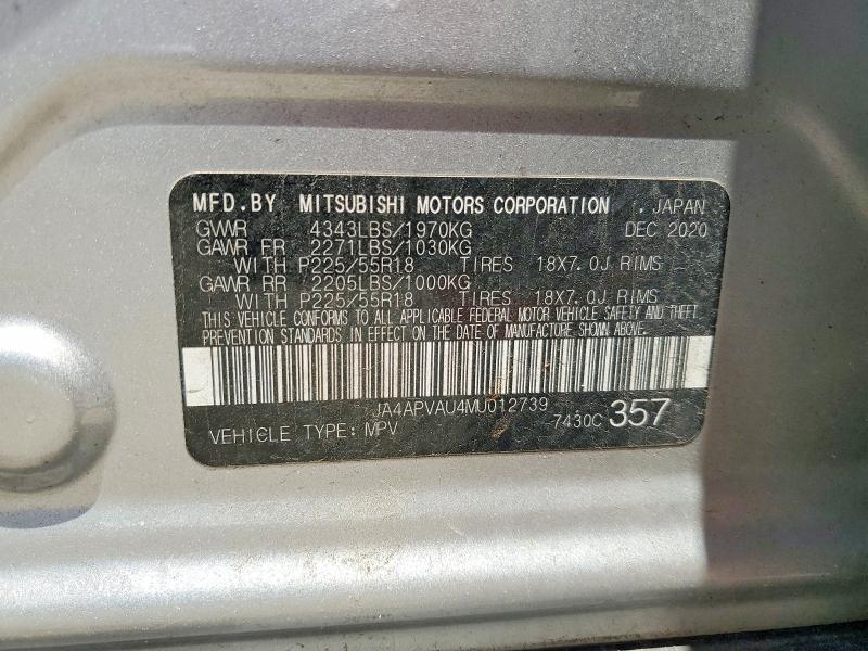 2021 Mitsubishi Outlander Sport მანქანა იყიდება აუქციონზე, vin: JA4APVAU4MU012739, აუქციონის ნომერი: 60639776