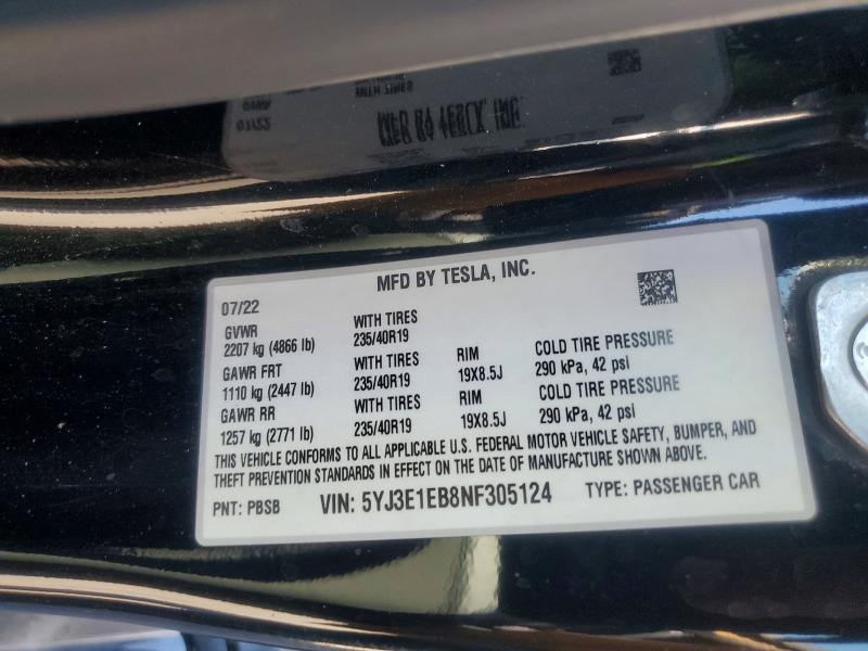 2022 Tesla Model 3 მანქანა იყიდება აუქციონზე, vin: 5YJ3E1EB8NF305124, აუქციონის ნომერი: 60483316