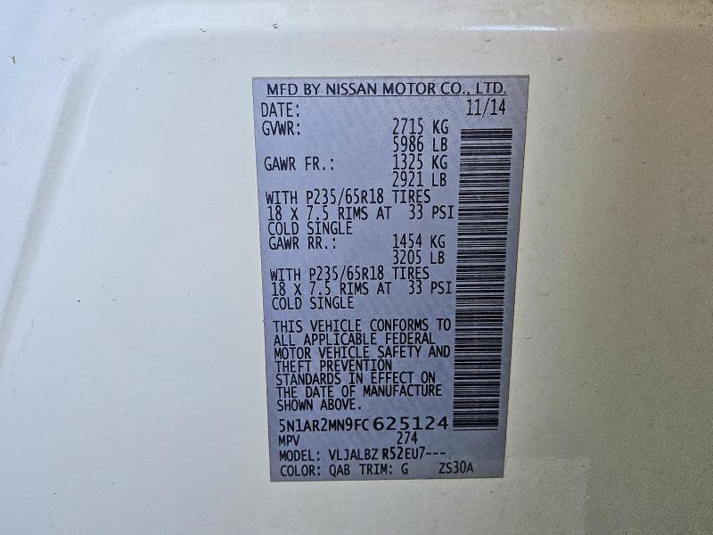 61251366 :رقم المزاد ، 5N1AR2MN9FC625124 vin ، 2015 Nissan Pathfinder مزاد بيع
