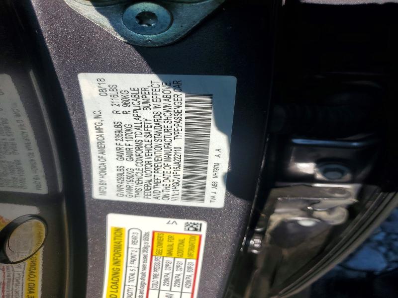 Продаж на аукціоні авто 2018 Honda Accord, vin: 1HGCV1F16JA222110, номер лоту: 58924416