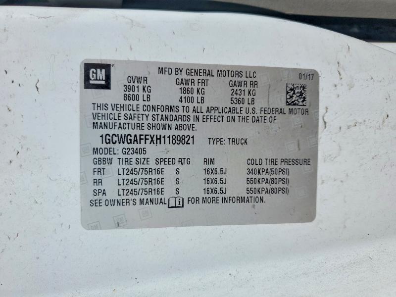 Aukcja sprzedaży 2017 Chevrolet Express G2500, vin: 1GCWGAFFXH1189821, numer aukcji: 59911306