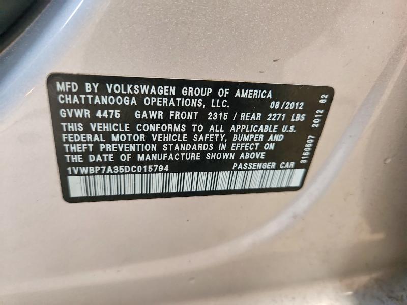 63043326 :رقم المزاد ، 1VWBP7A35DC015794 vin ، 2013 Volkswagen Passat مزاد بيع